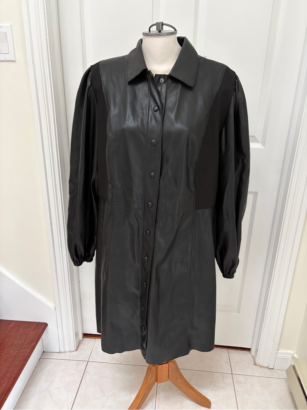 Laurie Felt Black Faux Leather Snap-Front Midi Dress/Coat ladies XL